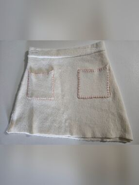 Jacquie the Label Cream Ribbed Knit Mini Skirt S Blanket Stitch Patch Pockets